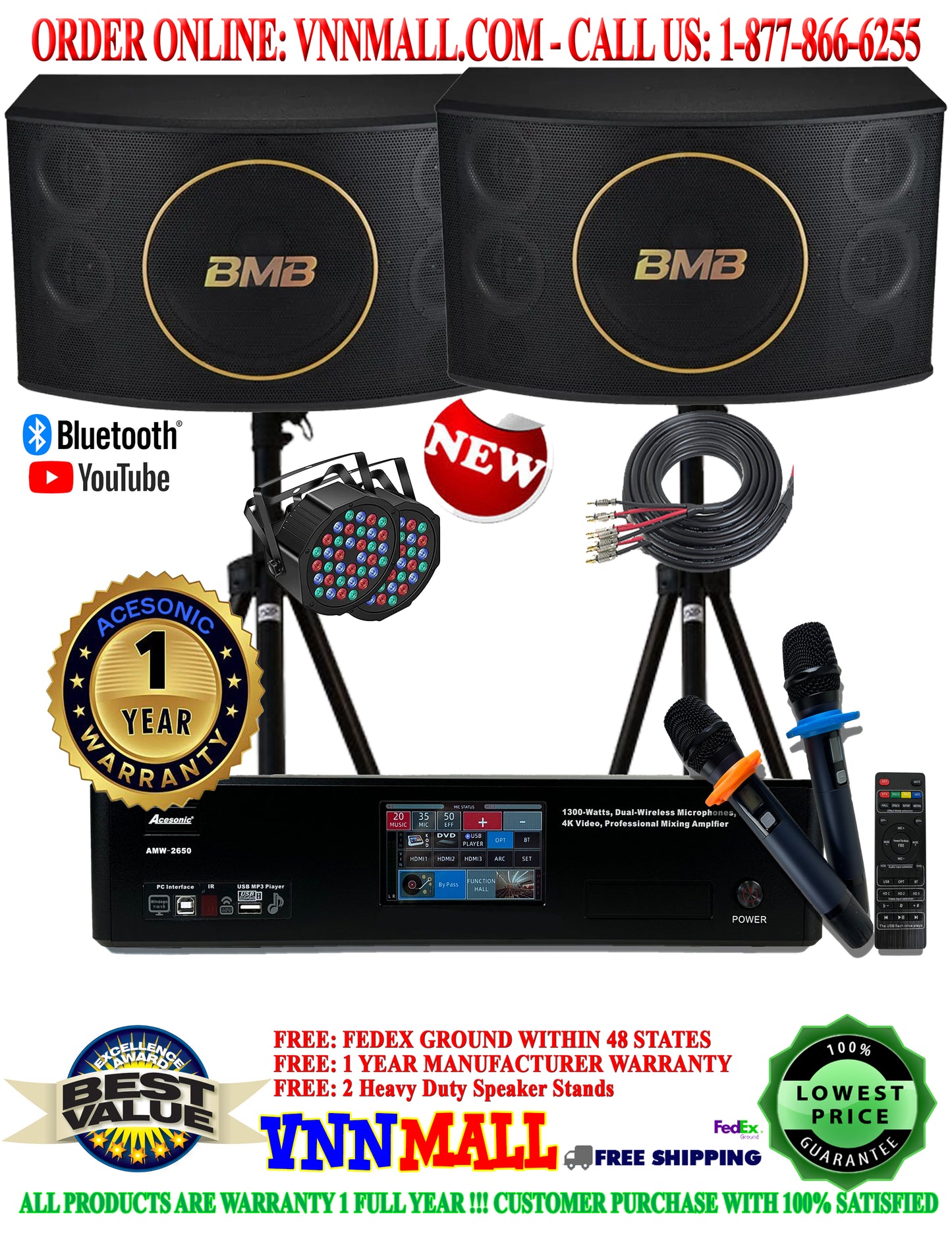 KARAOKE SYSTEM 8 - BMB 3-Way Speakers & Acesonic 2600W Karaoke Mixing Amplifier Built-in Dual Wireless Microphones