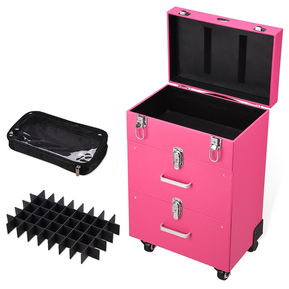 Byootique Pink Rolling Makeup Case with Drawers Nail Artist