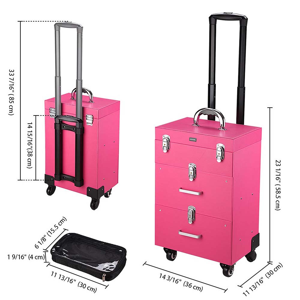 Byootique Pink Rolling Makeup Case with Drawers Nail Artist