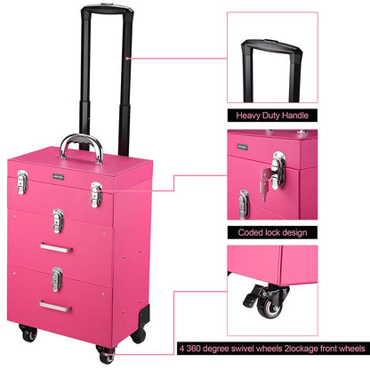 Byootique Pink Rolling Makeup Case with Drawers Nail Artist