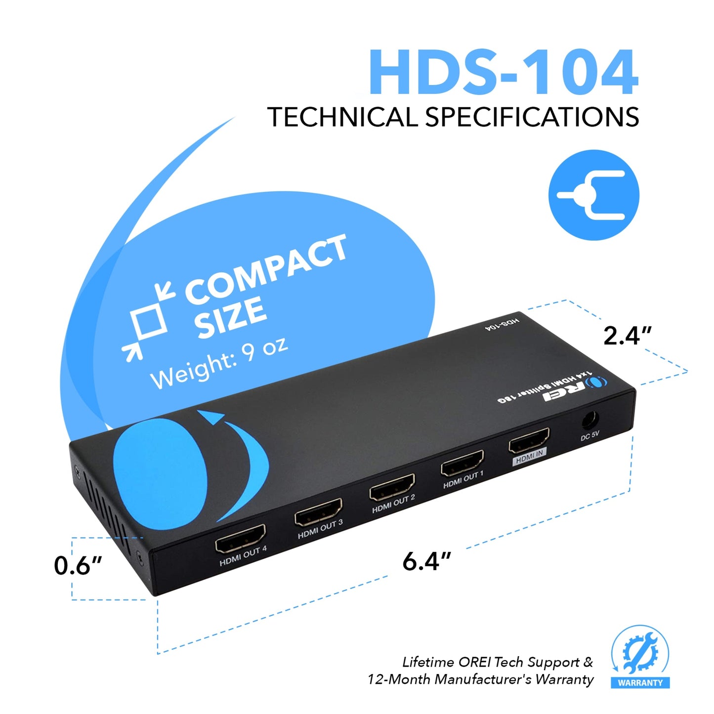 1x4 HDMI Splitter with Power Adapter : 1-in 4-out, EDID (HDS-104)