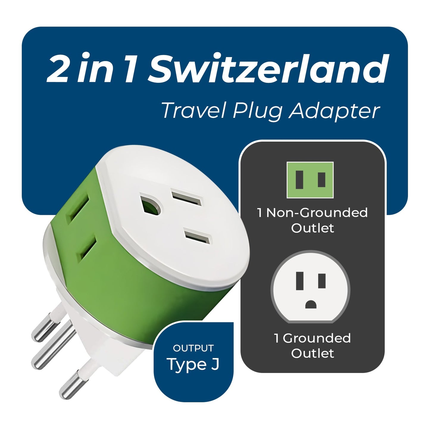 Switzerland Travel Adapter - 2 in 1 - Type J - Compact Design (US-11A)