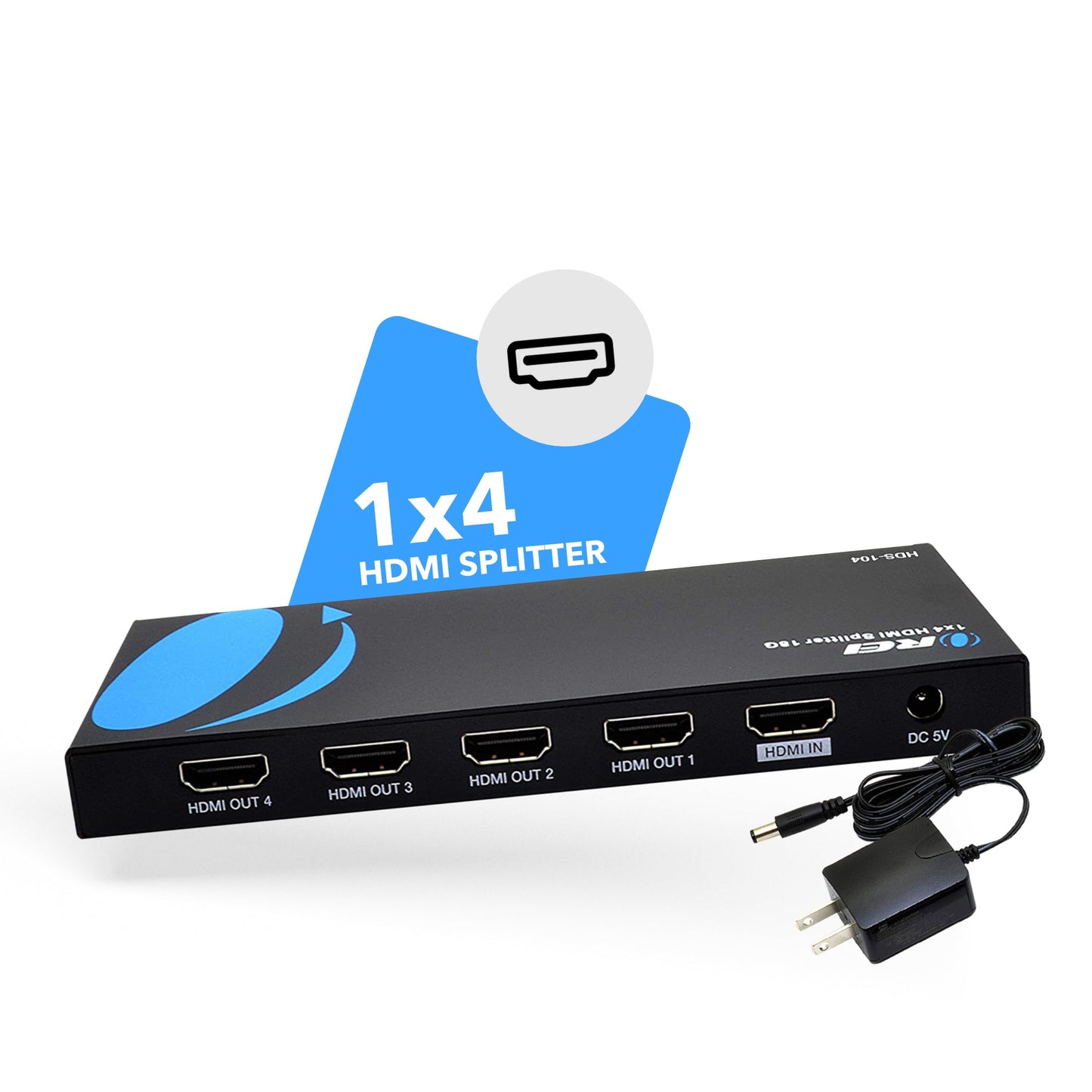 1x4 HDMI Splitter with Power Adapter : 1-in 4-out, EDID (HDS-104)