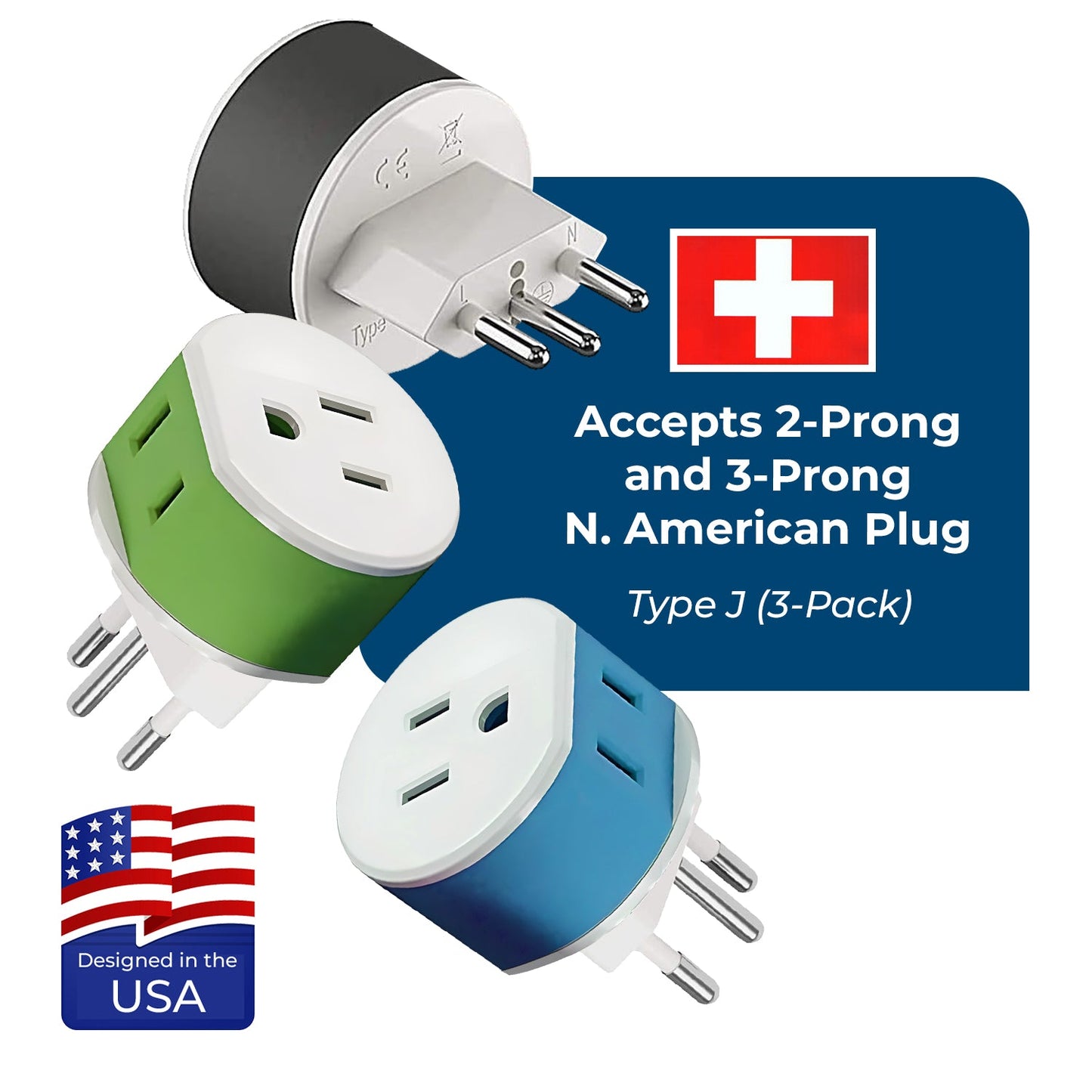 Switzerland Travel Adapter - 2 in 1 - Type J - Compact Design (US-11A)