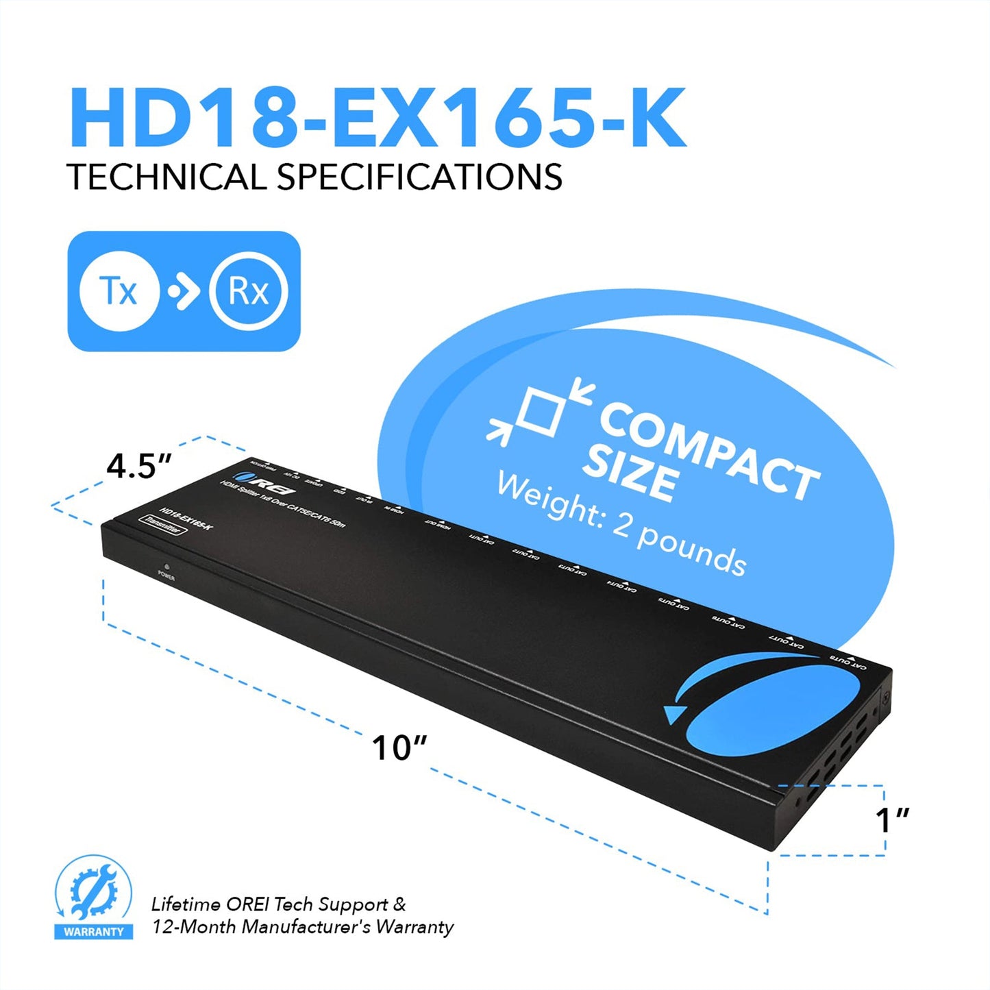 1x8 HDMI Extender Splitter Over CAT6/7 Upto 165 Ft- Loop-out, IR Control & EDID (HD18-EX165-K)