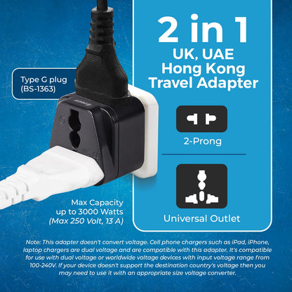 UK, Hong Kong Travel Adapter - 2 in 1 - Type G - Compact Design (DB-7)