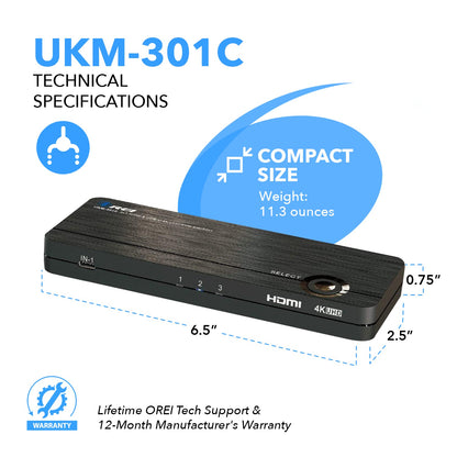 Ultra HD 4K 3x1 HDMI KVM Switch Keyboard & USB Peripheral Control (UKM-301C)