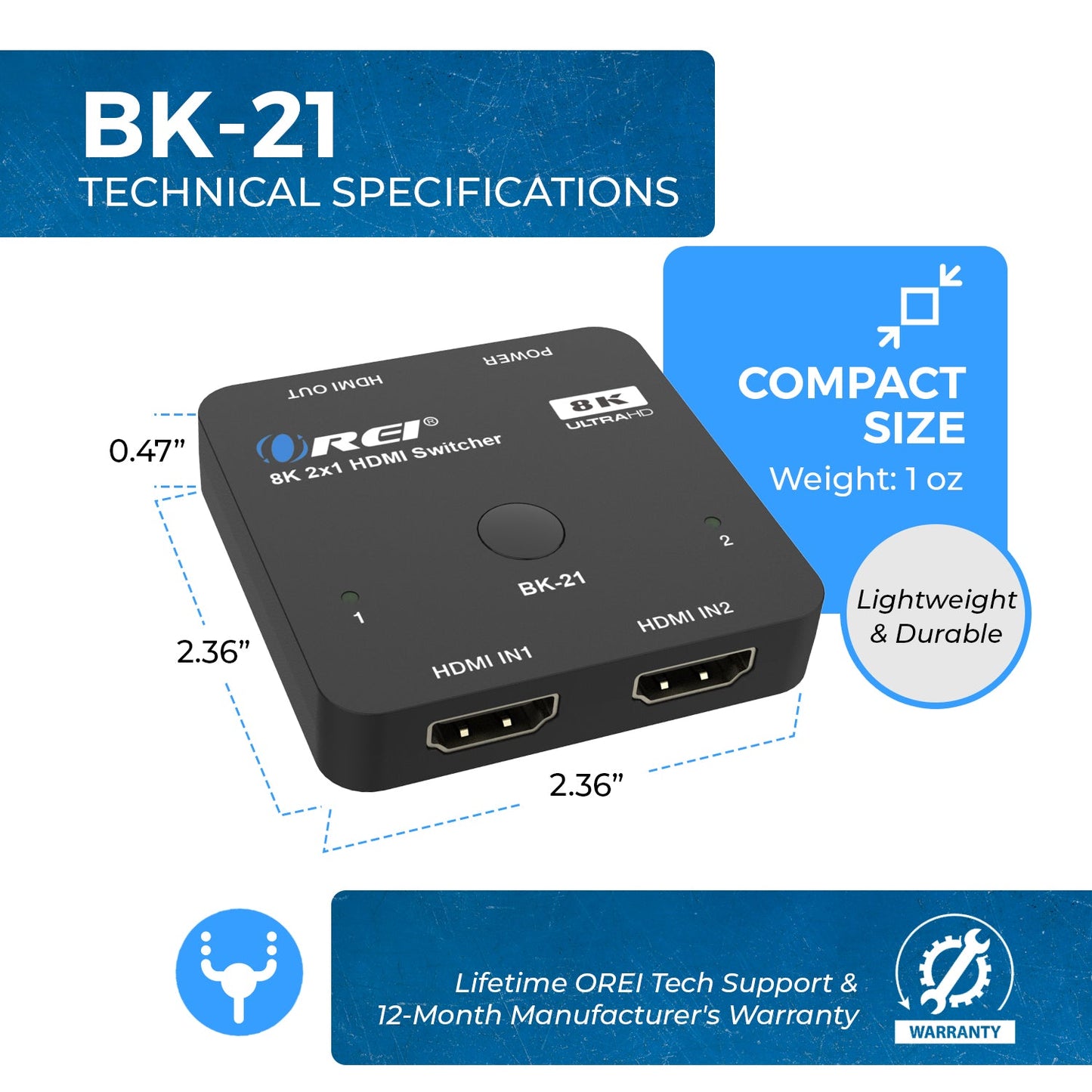 2 in 1 out 8K HDMI Switch with HDR10+ & Dolby Vision (BK-21)