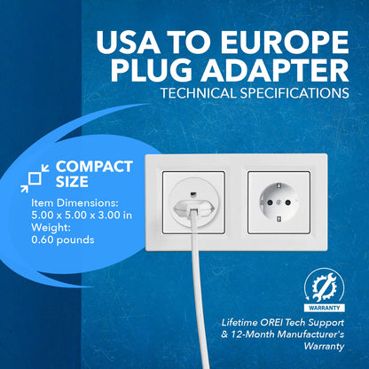 OREI American USA To European Schuko Germany Plug Adapters CE Certified Heavy Duty - 2 Pack (GS20)