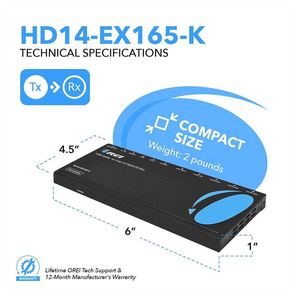 1x4 HDMI Extender Splitter over CAT6 up to 165 feet(70m) (HD14-EX165-K)