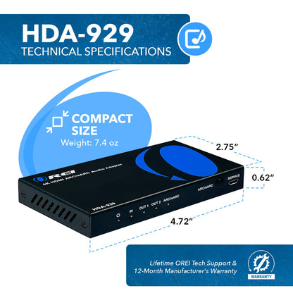 4K HDMI Audio Extractor ARC/eARC - Auto EDID management (HDA-929)