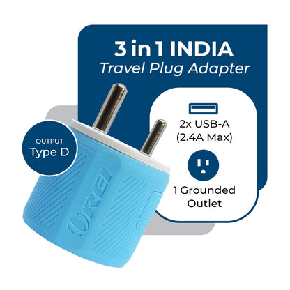 India, Nepal Travel Adapter - 3 in 1 - 2 USB - Type D - Compact Design (U2U-10)