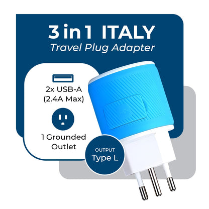 Italy, Uruguay Travel Adapter - 3 in 1 - 2 USB - Type L - Compact Design (U2U-12A)