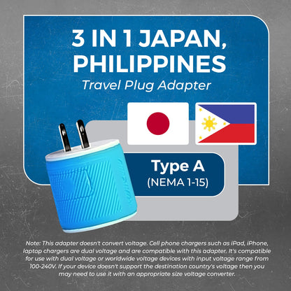 Japan, Philippines Travel Adapter - 3 in 1 - 2 USB - Type A - Compact Design (U2U-6)