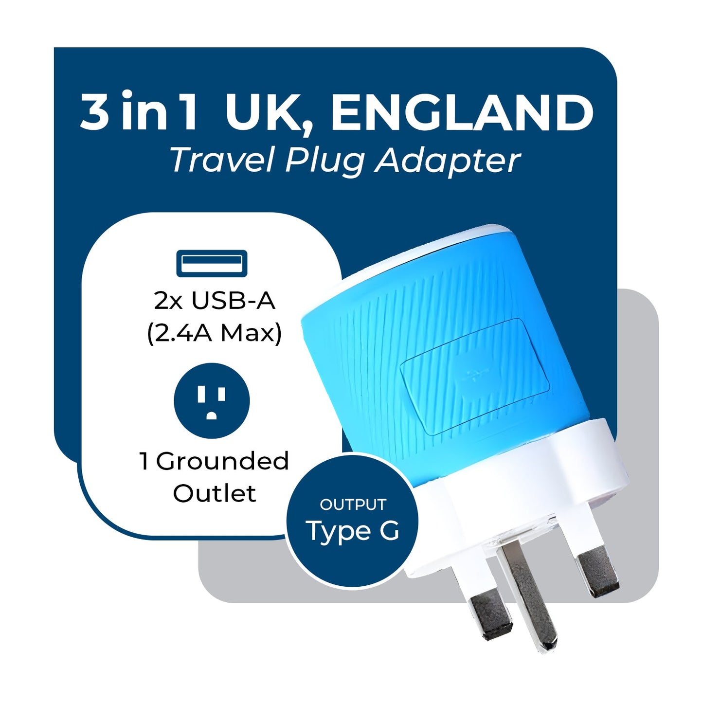 UK, Ireland Travel Adapter - 3 in 1 - 2 USB - Type G - Compact Design (U2U-7)