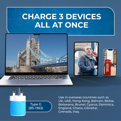 UK, Ireland Travel Adapter - 3 in 1 - 2 USB - Type G - Compact Design (U2U-7)