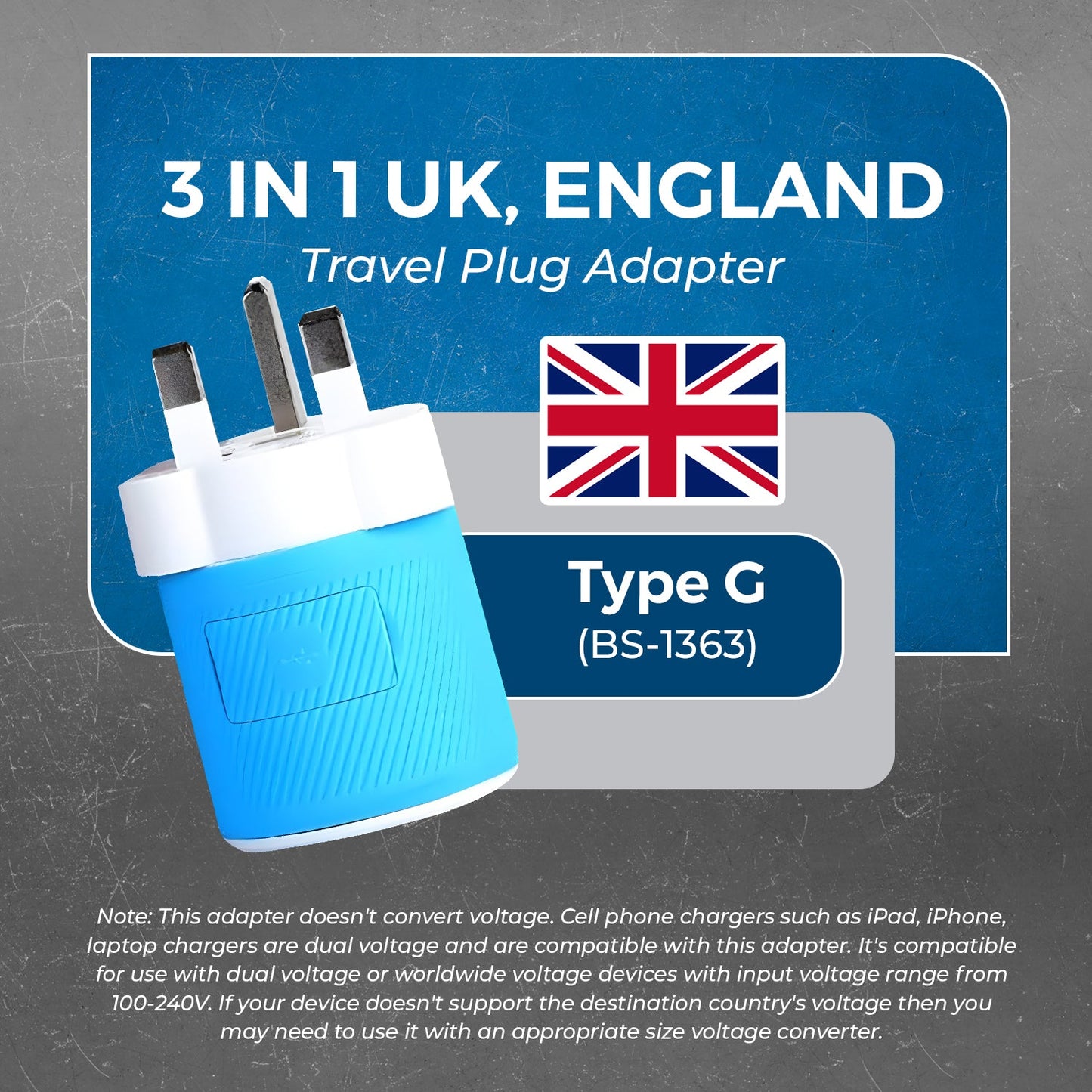 UK, Ireland Travel Adapter - 3 in 1 - 2 USB - Type G - Compact Design (U2U-7)