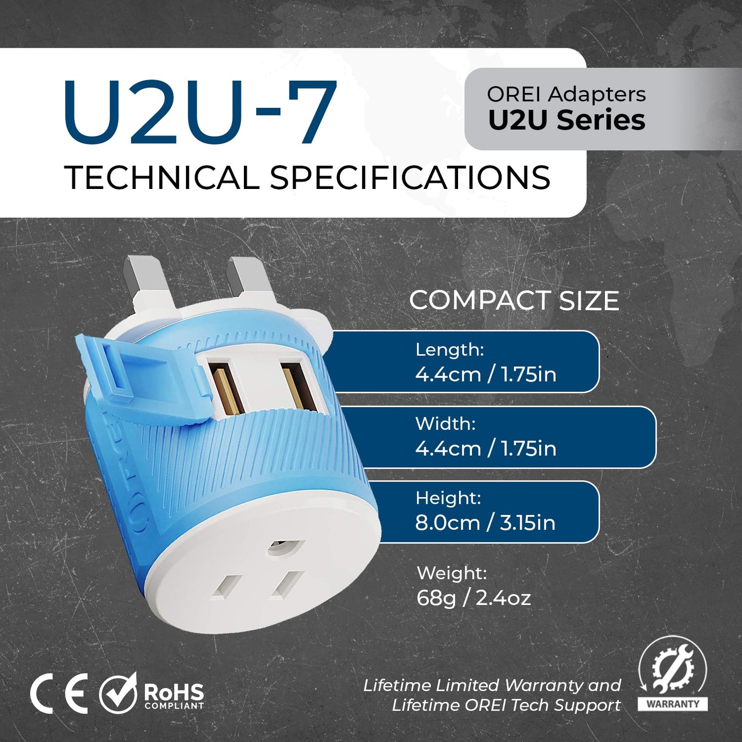 UK, Ireland Travel Adapter - 3 in 1 - 2 USB - Type G - Compact Design (U2U-7)