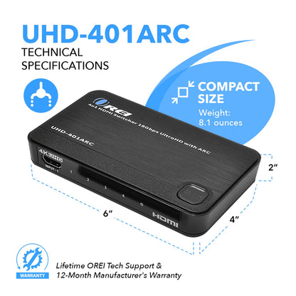 4K ARC 4x1 HDMI Switcher - Supports 4K @ 60Hz, Connect Sound bar With ARC (UHD-401ARC)