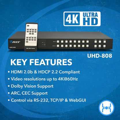 Ultra HD 8x8 HDMI Matrix Switch 4K @60Hz With IR Remote (UHD-808)