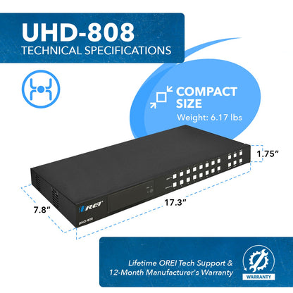 Ultra HD 8x8 HDMI Matrix Switch 4K @60Hz With IR Remote (UHD-808)