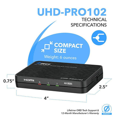 1x2 HDMI Splitter: 1-in 2-out, UltraHD 4K, Downscale, EDID (UHD-PRO102)