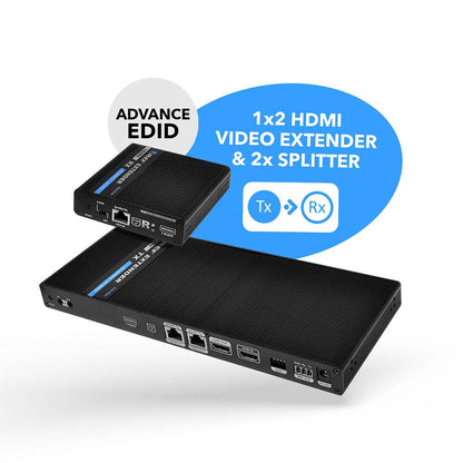 1x2 4K HDMI Extender Splitter Over Single CAT6/7 Up to 230 Ft - ipcolor Technology 18 Gbps, Bi-directional IR, RS-232, EDID (UHD12-IPC230-K)