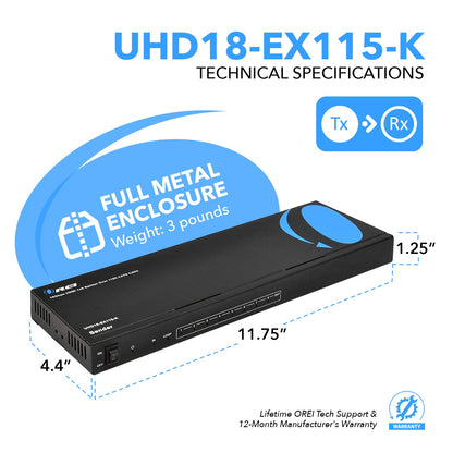 4K 1x8 HDMI Extender Splitter over CAT 6 up to 115 feet with one-way IR control and Loop-out (UHD18-EX115-K)