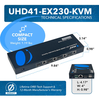 OREI 4K@60Hz 4X1 HDMI KVM Extender Switch Upto 230 Ft (UHD41-EX230-KVM)