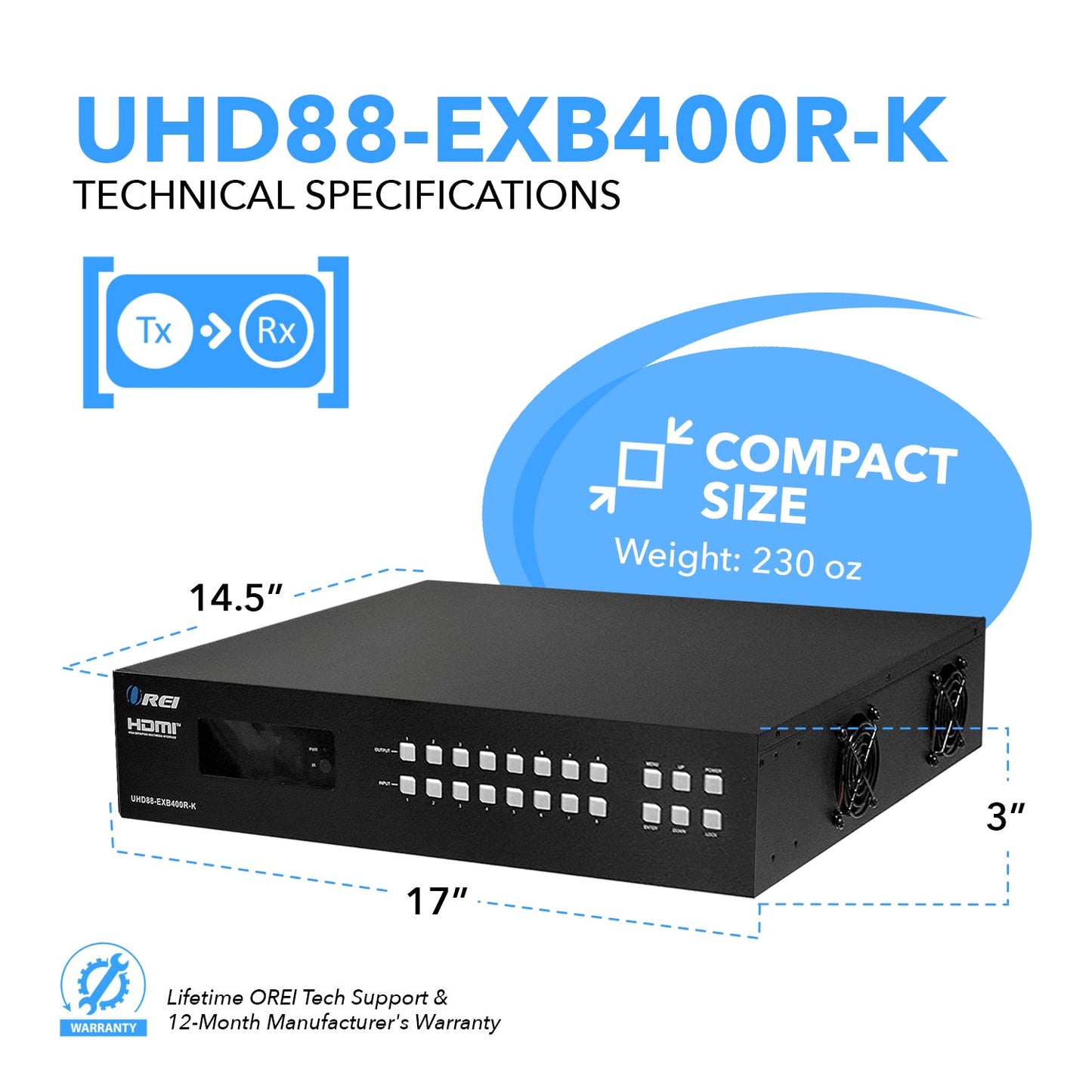 4K 8x8 HDMI Matrix Switcher Extender & HDBaseT Over CAT5e/6/7 Cable Up To 400 Feet (UHD88-EXB400R-K)