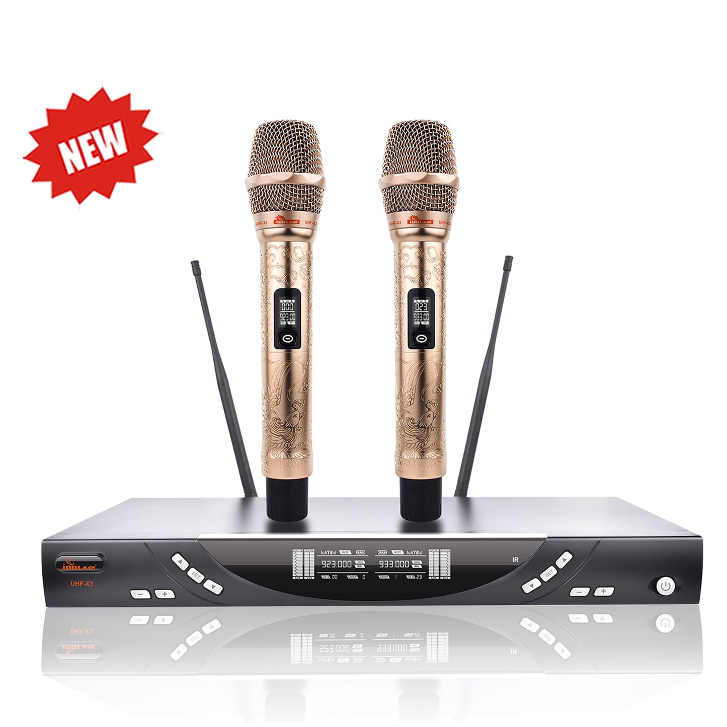 IDOLmain UHF-X3 Golden Phoenix Engraved Premium Dual Wireless Microphones Karaoke ( Model 2025 )