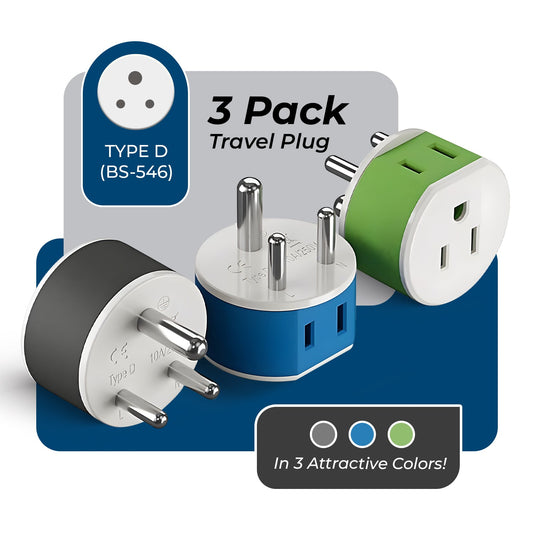 India, Nepal Travel Adapter - 2 in 1 - Type D - Compact Design (US-10)