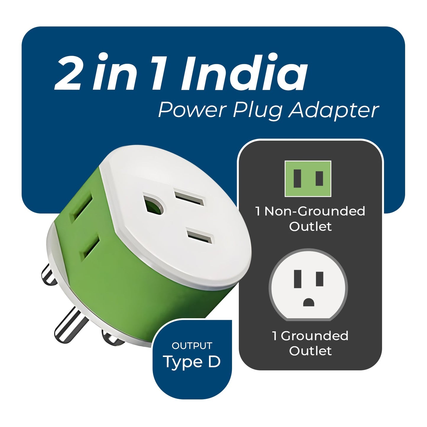 India, Nepal Travel Adapter - 2 in 1 - Type D - Compact Design (US-10)