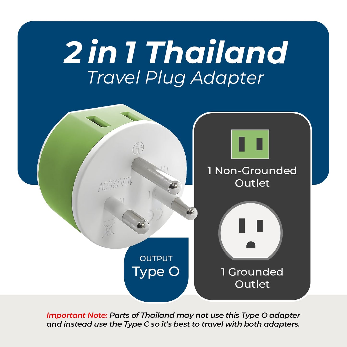 Thailand Travel Adapter - 2 in 1 - Type O - Compact Design (US-18)