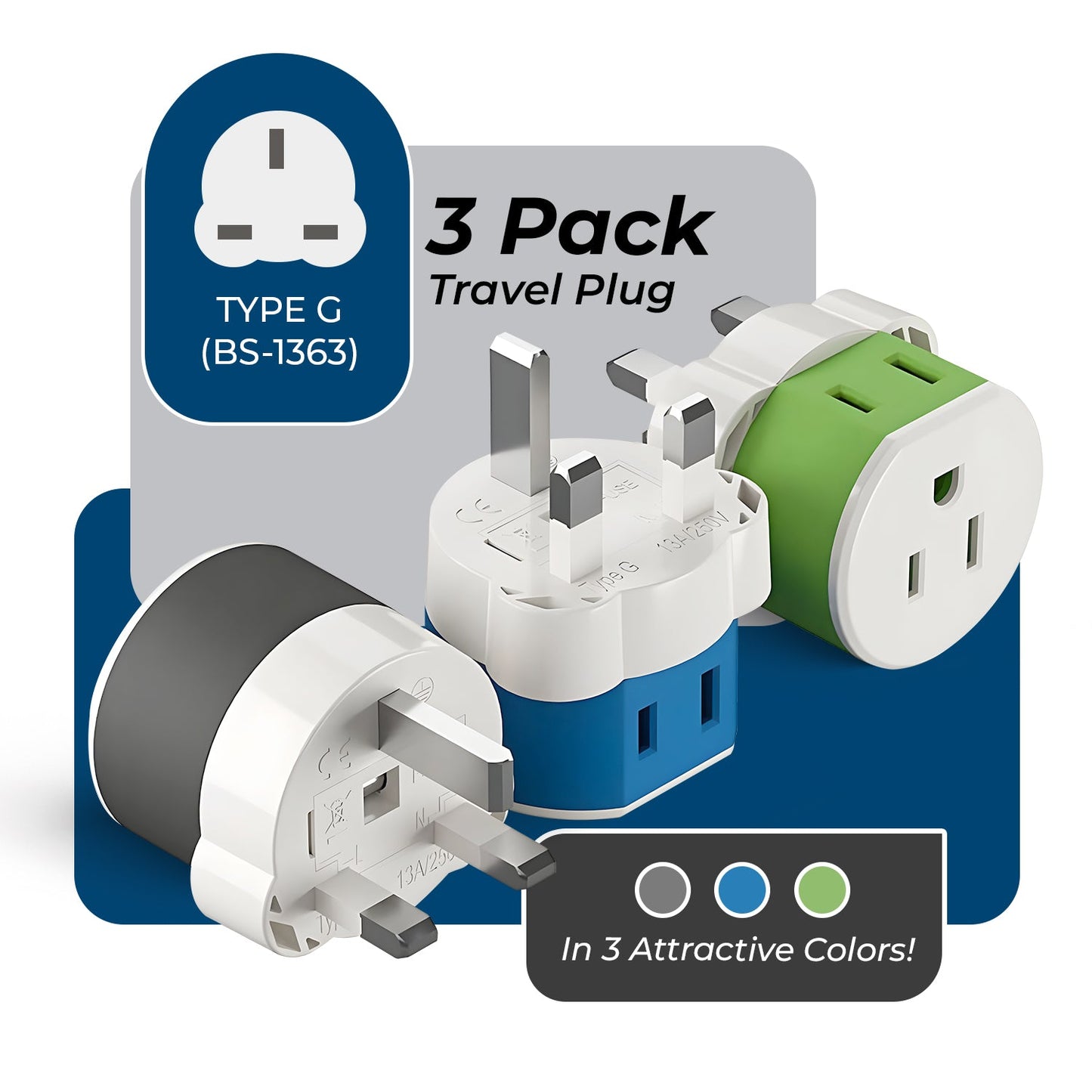 UK, Dubai Travel Adapter - 2 in 1 - Type G - Compact Design (US-7)