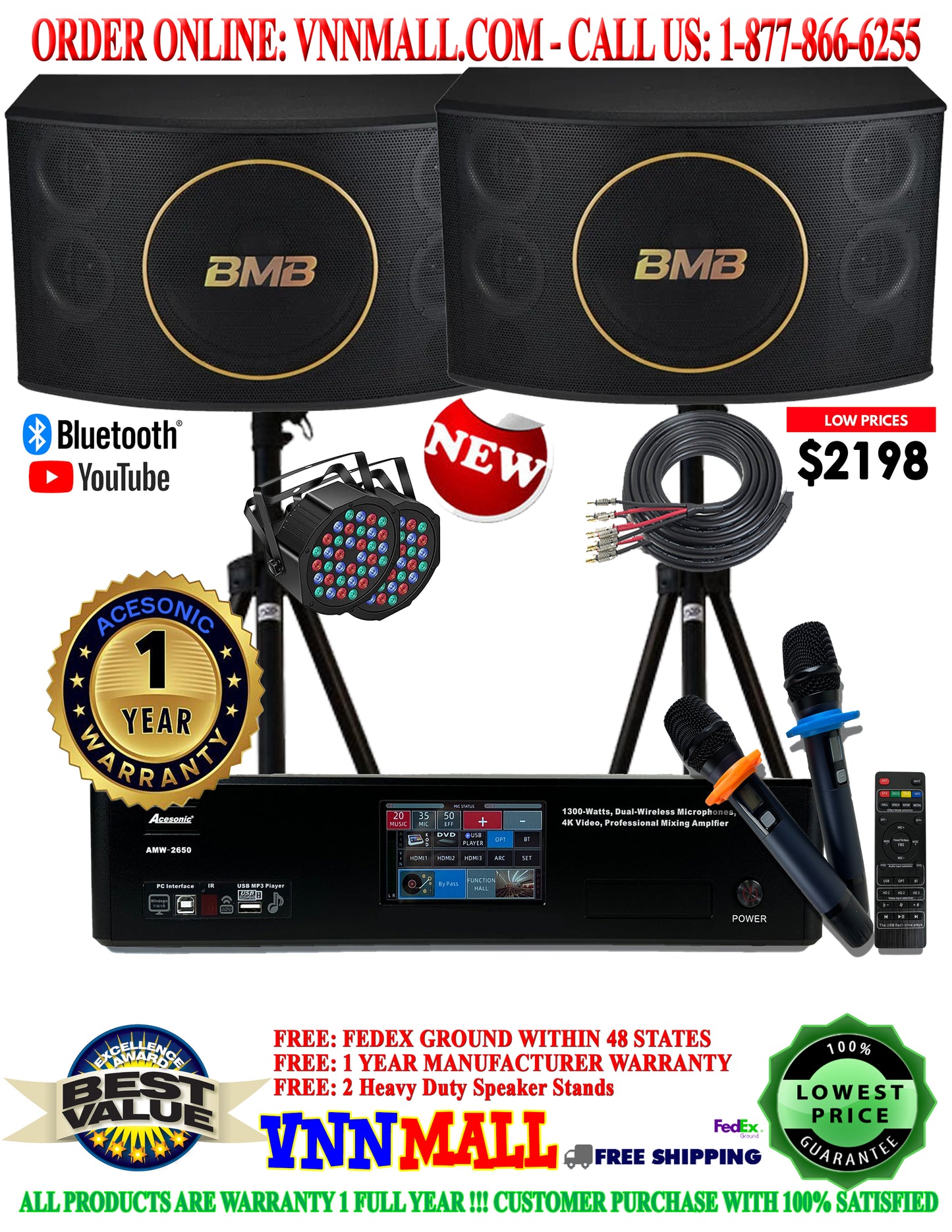 KARAOKE SYSTEM 8 - BMB 3-Way 5 Speakers & Acesonic 2600W Karaoke Mixing Amplifier with Built-in Bluetooth, 4K HD & Dual Wireless Microphones