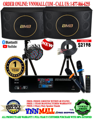 KARAOKE SYSTEM 8 - BMB 3-Way 5 Speakers & Acesonic 2600W Karaoke Mixing Amplifier with Built-in Bluetooth, 4K HD & Dual Wireless Microphones