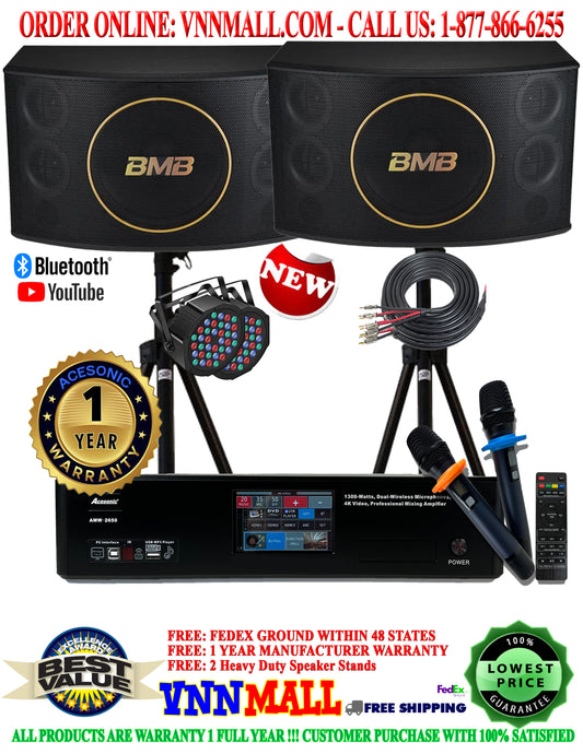 KARAOKE SYSTEM 8 - BMB 3-Way Speakers & Acesonic 2600W Karaoke Mixing Amplifier Built-in Dual Wireless Microphones